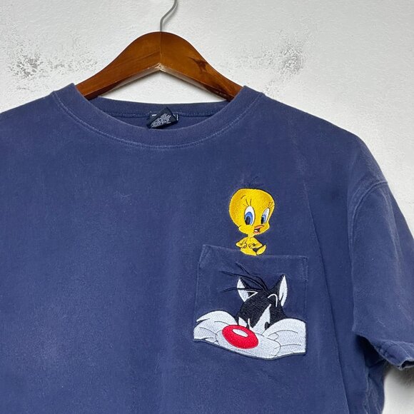 VTG Warner Bros Looney Tunes Tweety Men M Bird Sylvester Graphic T Shirt Blue - Picture 9 of 9
